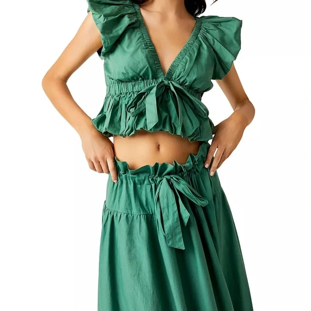 Free People‎ Mermaid Green Crop Bubble Boho Top Feminine NWT whimsical ethereal